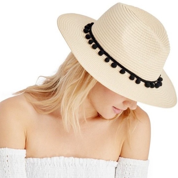 Sole‎ Society Straw Fedora Hat Black Pom Trim Summer Beach Sun Hat One Size - Picture 1 of 8